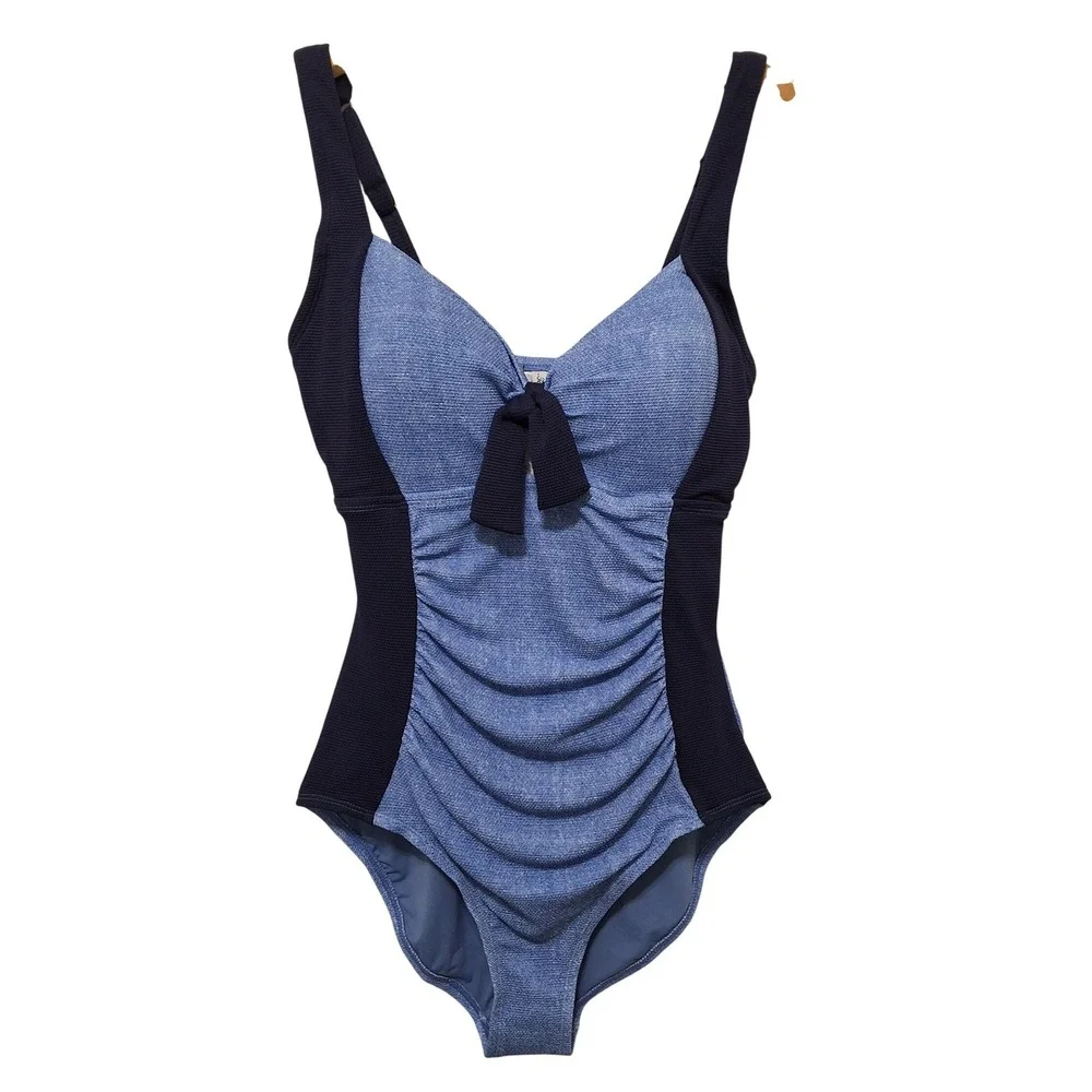Tommy Bahama Island Cays Block Tie Front Tummy Control One Piece Swim Blue Sz 12